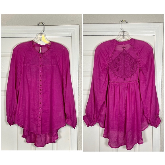 Free People Tunic Top Womens XS Semi Sheer Embroidered Back Beach Summer Eyelet - Picture 1 of 14